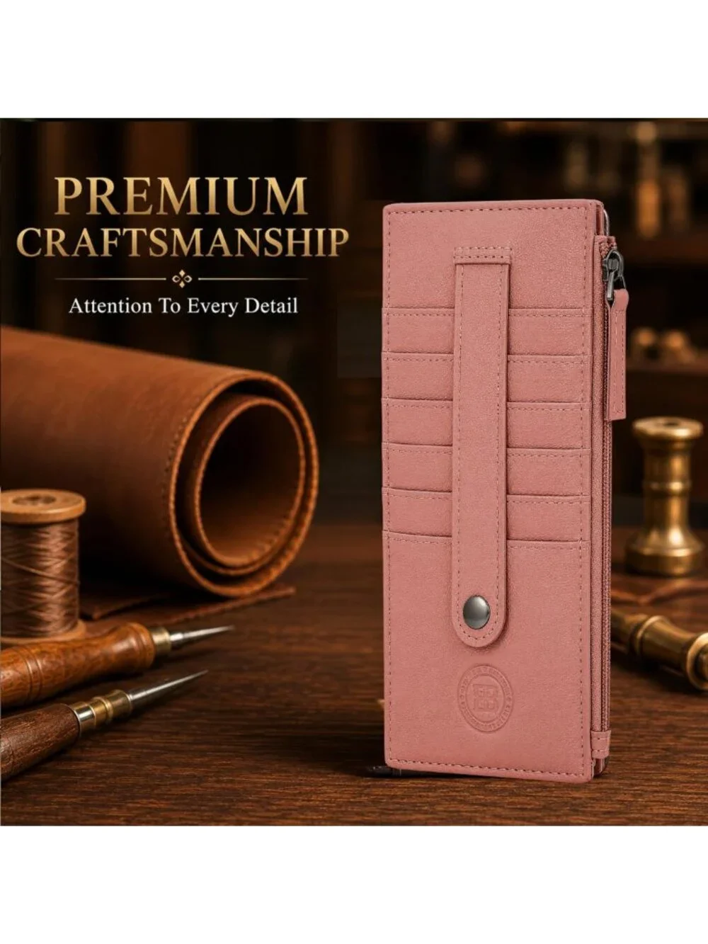 Slim Leather Card Case Holder Wallet with Protection Strap - Peach Color